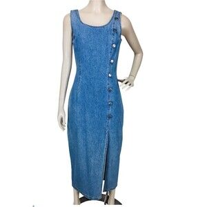 VTG 80s Bombshell Hourglass Denim Thigh-Slit Front Side Button Jean Dress NOS